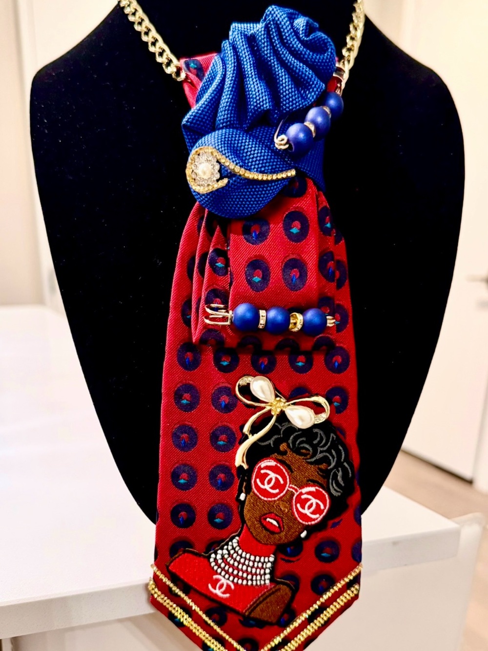Red and Navy Tommy Hilfiger Tie Necklace w Embellished Brooch & Pins